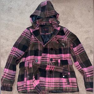 Yoki Pink and Brown Plaid Pea Coat